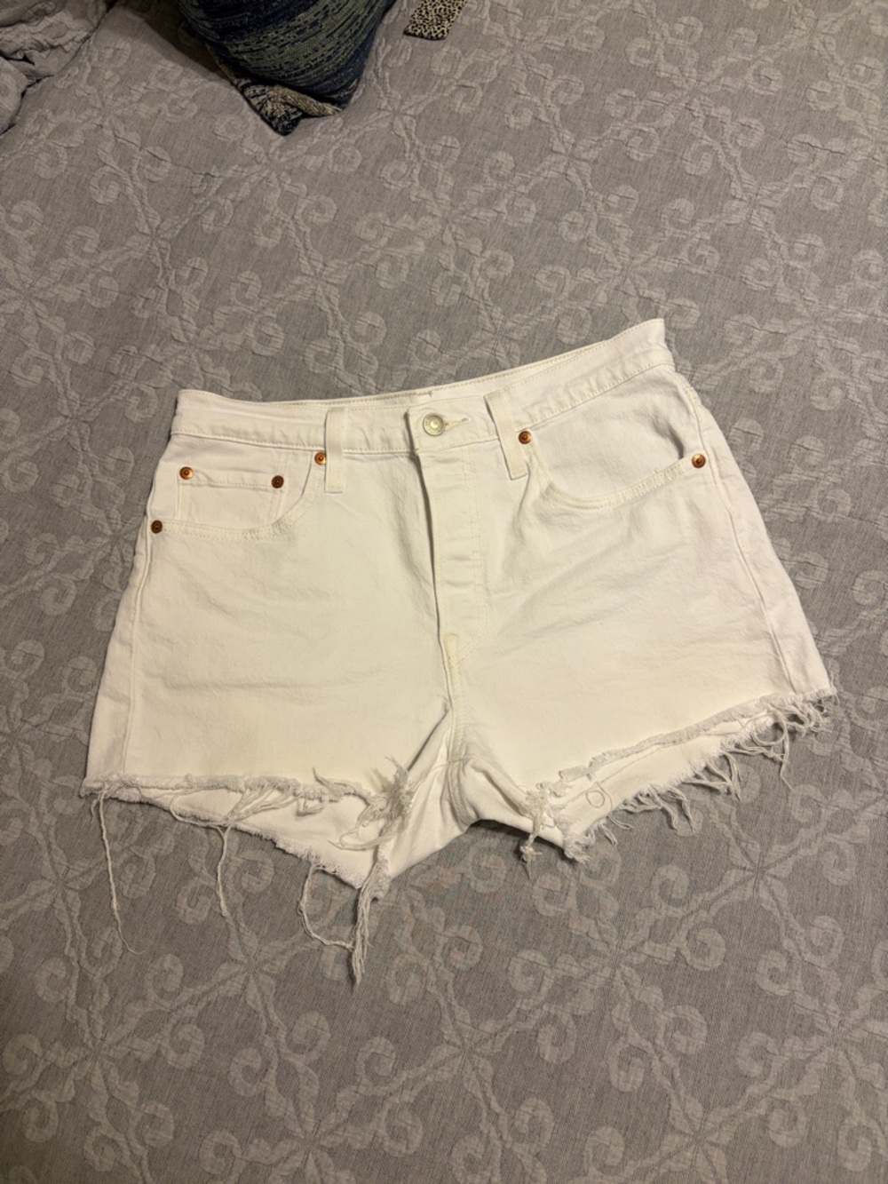 Levi's White Frayed Hem Denim Cutoff Shorts